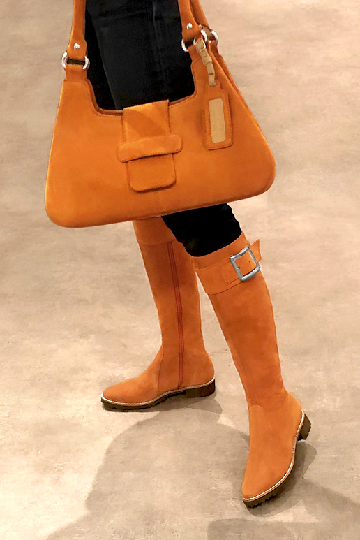 Apricot orange women's riding knee-high boots. Round toe. Flat rubber soles. Made to measure. Worn view - Florence KOOIJMAN